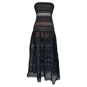 Self Portrait Black Guipure Lace Strapless Midi Dress in Black Polyester